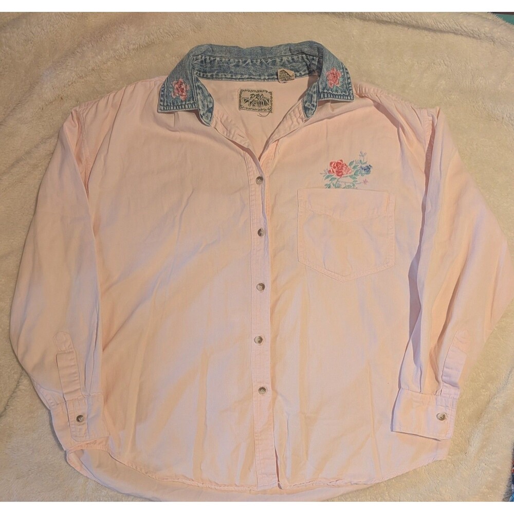 Vintage Floral Collared Pink Embroidered Button Up Shirt Women's Size Large